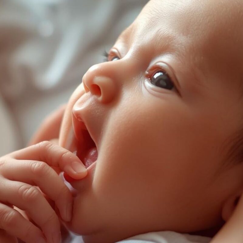 Newborn baby cradled in parent's hands, gazing up and sucking fingers, close-up soft natural light.