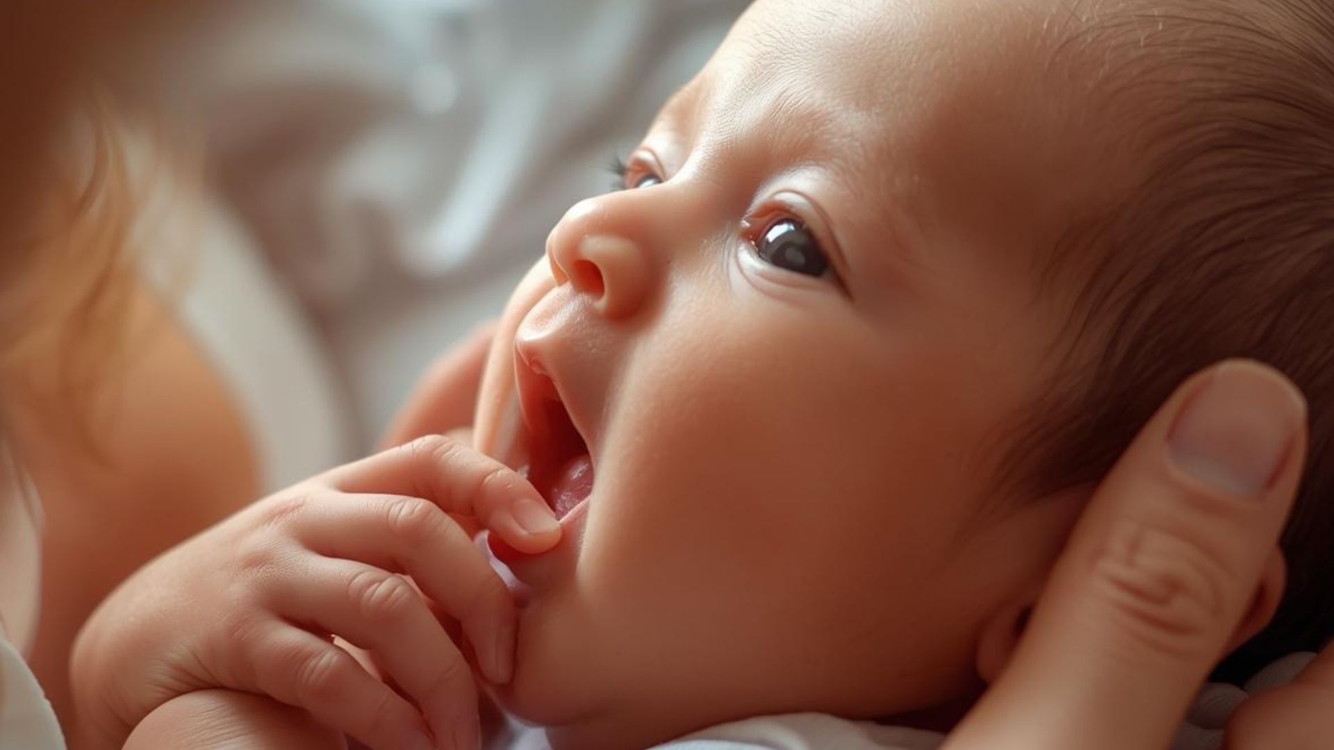 Newborn baby cradled in parent's hands, gazing up and sucking fingers, close-up soft natural light.