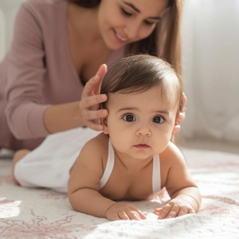Baby doing tummy time on nursery rug as a smiling parent supports them beside a white crib