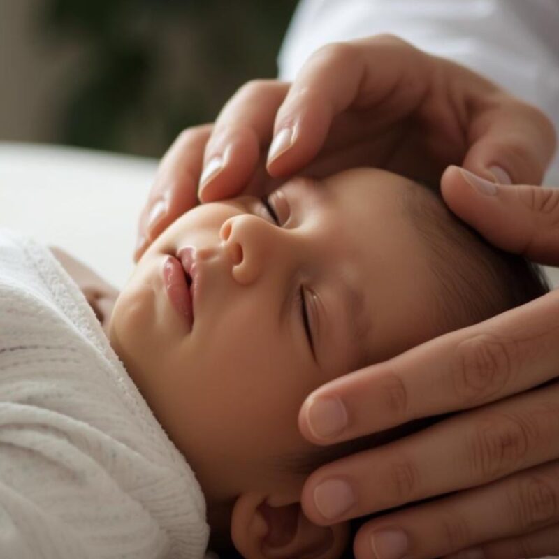 Newborn baby sleeping peacefully, swaddled, as parent's hands gently cradle head - soothing newborn care and love