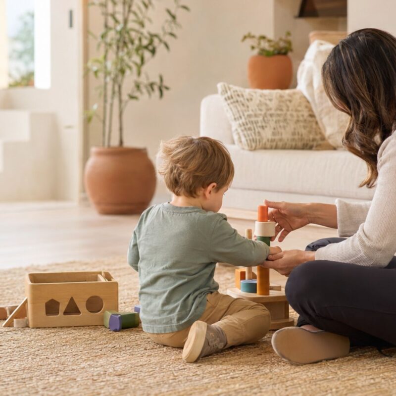 Parent and toddler playing with Montessori wooden blocks on living room rug, early learning indoor play.