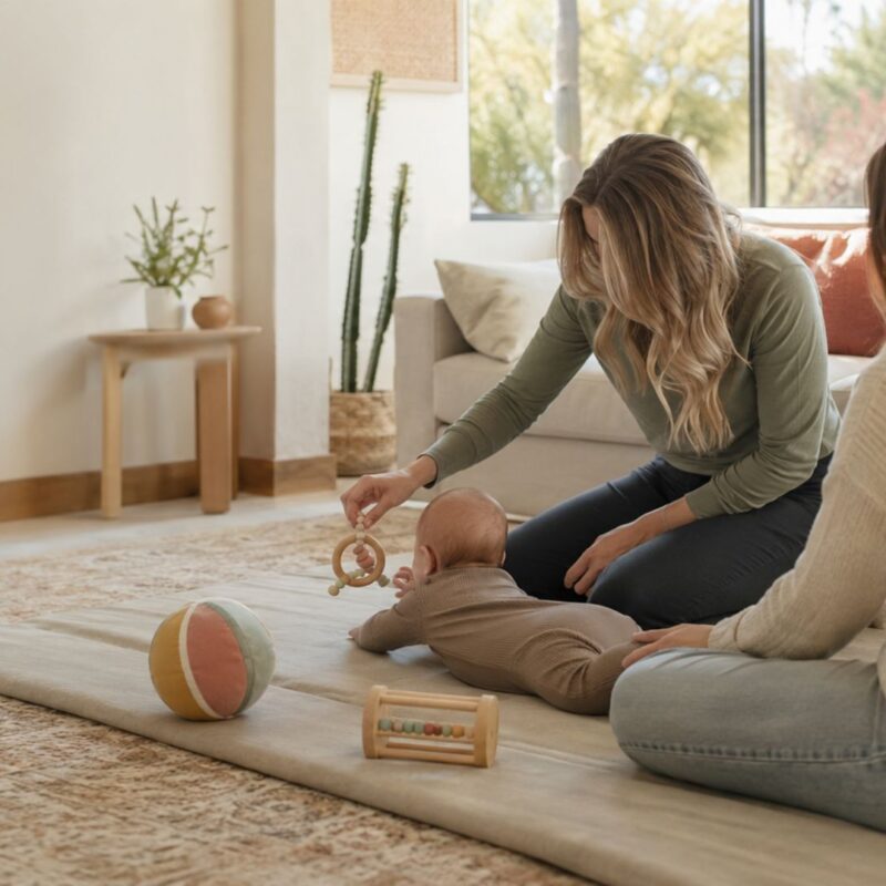 Two women support baby tummy time on a play mat in a cozy living room, with wooden toys and a soft ball on the rug.