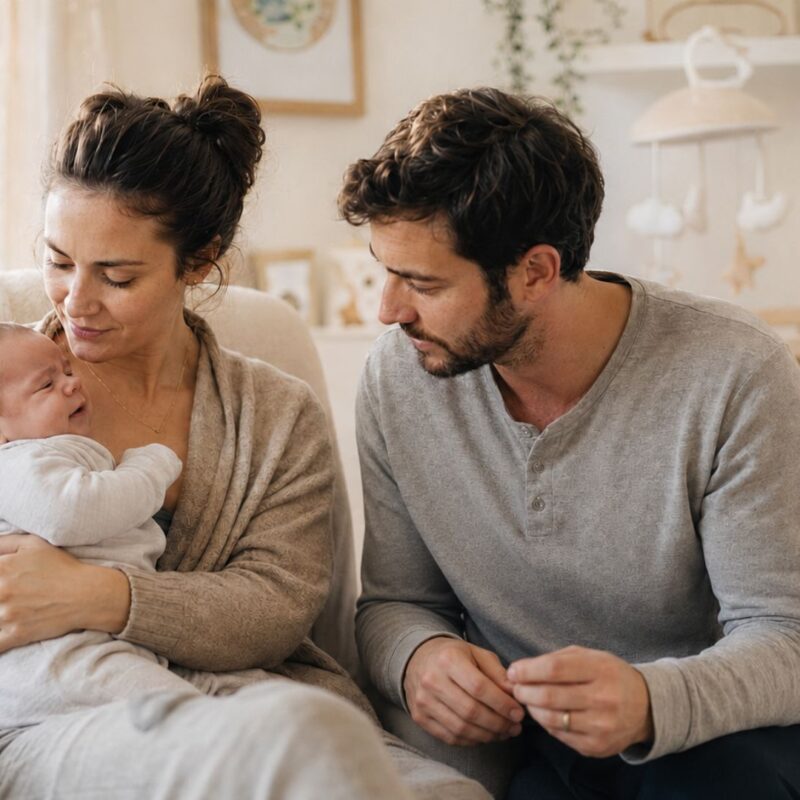 Parents soothing newborn in cozy nursery, mother holding baby as father looks on, warm family bonding at home.