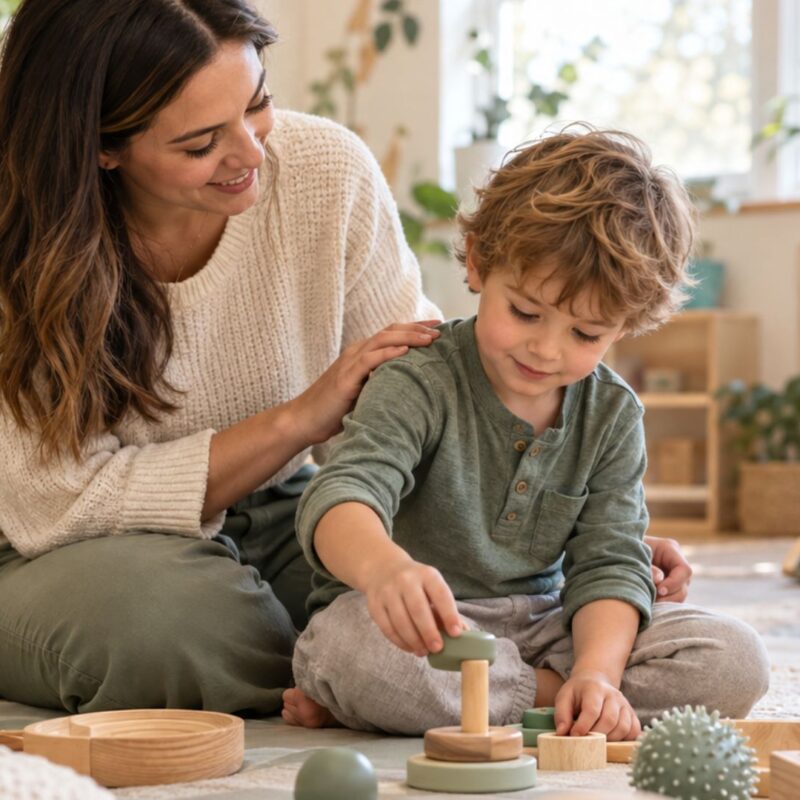 Mother and toddler playing with Montessori wooden toys in a sunlit playroom, hands-on learning and fine motor skills.