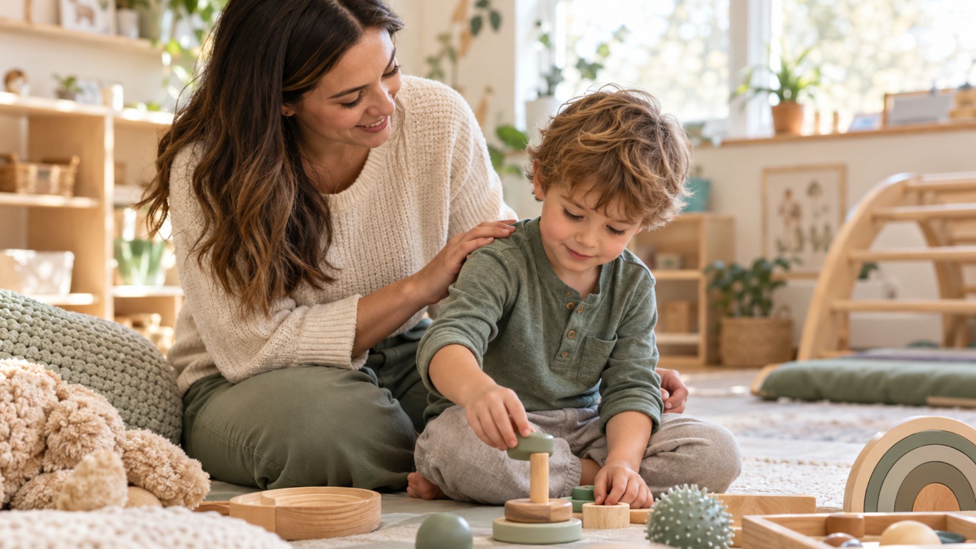 Mother and toddler playing with Montessori wooden toys in a sunlit playroom, hands-on learning and fine motor skills.