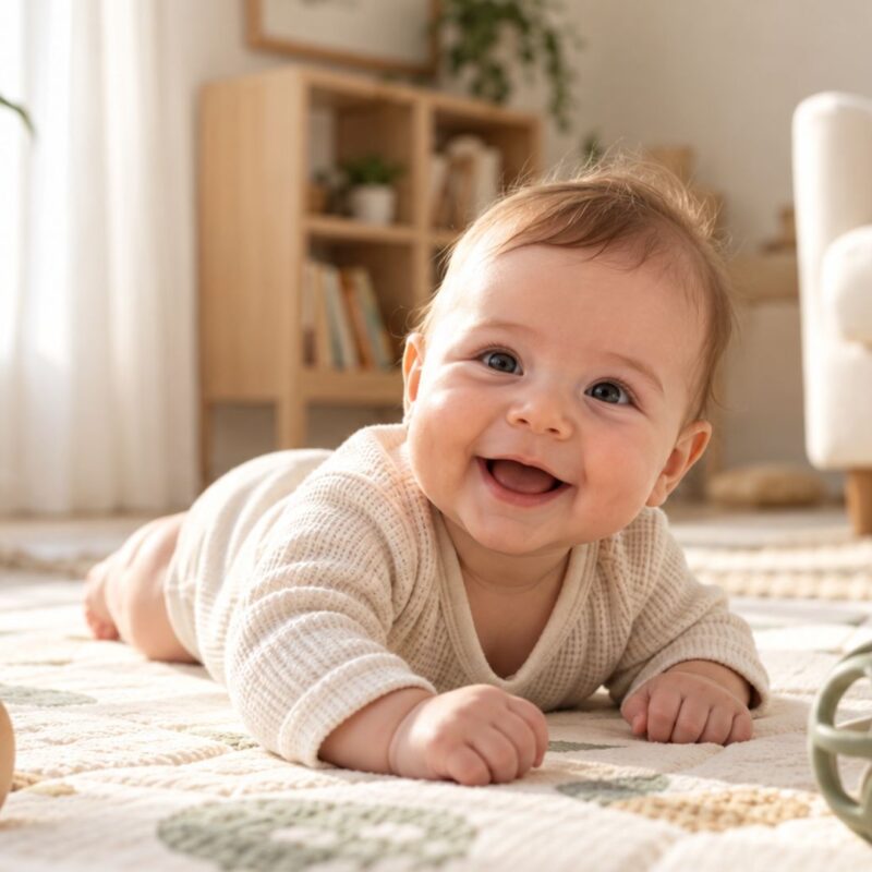 Smiling baby during tummy time on play mat with Montessori wooden toys in a cozy sunlit living room.