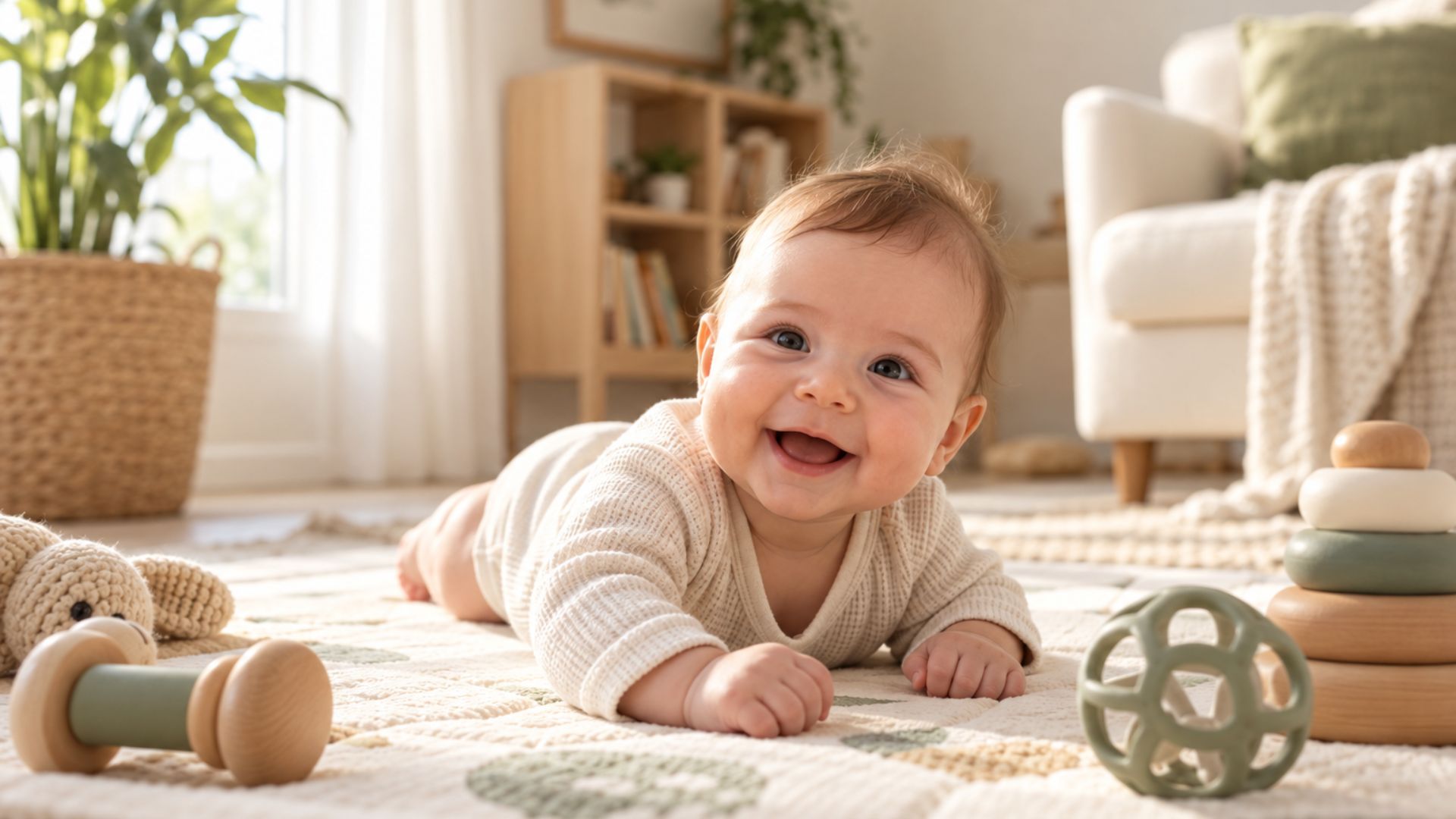 Smiling baby during tummy time on play mat with Montessori wooden toys in a cozy sunlit living room.